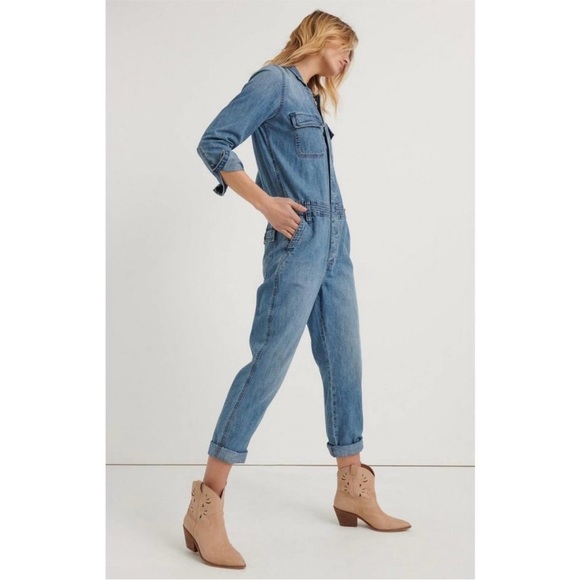 Lucky Brand Denim Utility Cargo Boiler Suit Jean Pants Jumpsuit Large Workwear - Picture 1 of 10